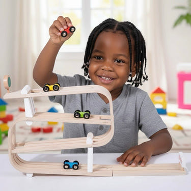 Wooden Car Ramp Racer toy for toddlers, promoting Montessori play and indoor fun.