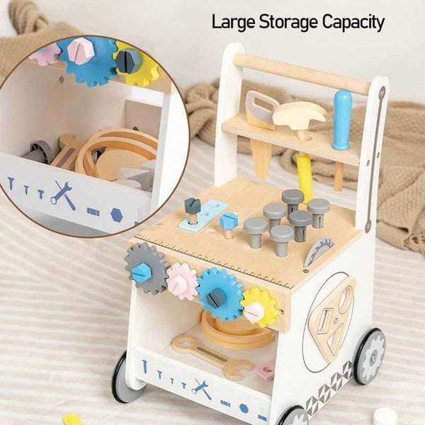 Wooden Tool Walker – Multi-Activity Learning Wagon for toddlers, showcasing fun features from an angled view.