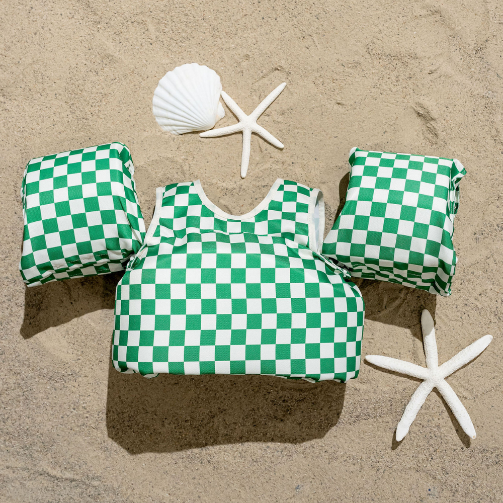 Green checkered kids float for safe and fun water play, perfect for summer adventures.