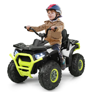 12V kids electric ATV quad with MP3 and LED lights, angled view showcasing fun and safety for young riders.