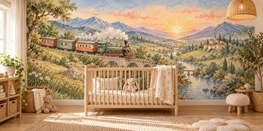 Watercolor Sunrise Train Wall Mural, image 1