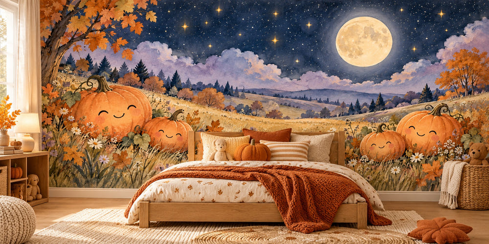 Watercolor Pumpkin Moon Halloween Wall Mural, image 1