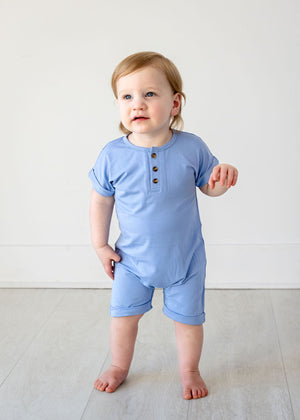 Henley Short Sleeve Romper - Chambray Blue