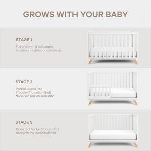 Baby Crib for 0 to 3 Years - White Bars and Frame and Natural Wood Leg