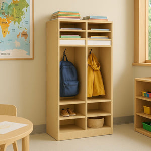 Double Preschool Cubbies in vibrant colors, perfect for toddlers' clothing and playtime.