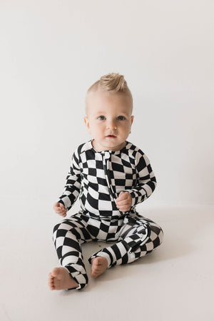 Bamboo Zip Pajamas | Black & White Wavy Checkerboard