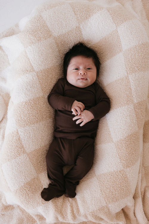 Sleepy Time Set in Coffee Bean color, cozy pajamas for babies, angle view showcasing soft fabric and design.
