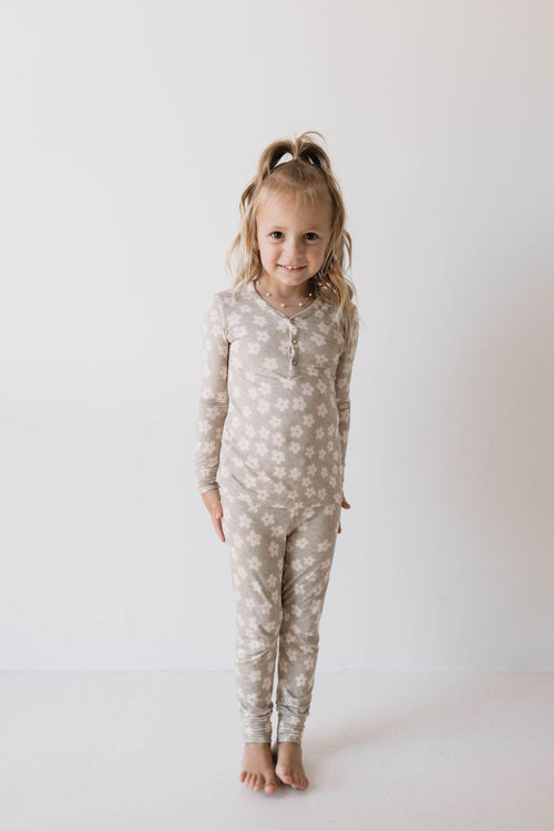 Bamboo two-piece pajamas in French gray floral design for babies, perfect for comfortable sleep.
