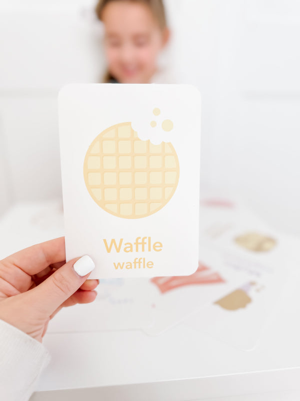 Colorful breakfast flashcards for babies, promoting early learning and sensory play. Angle 16 view.