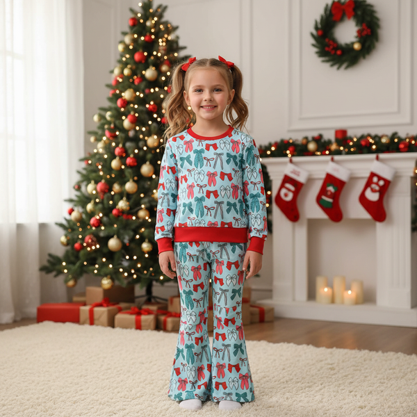 "Christmas bows lounge set for babies, cozy two-piece outfit in festive design, angle view showcasing style."