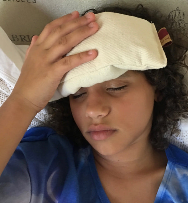 Hot Cherry Eye Pillow in unbleached natural denim, pre-washed, perfect for soothing relaxation and comfort.