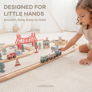 Colorful 100-piece wooden train set for toddlers, perfect for imaginative play and learning, shown from angle 4.