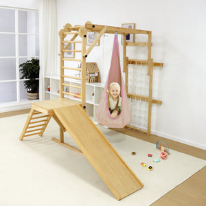 Avenlur Sensory Swing Hammock for indoor climbers in walnut, neem, and betula, shown at angle 9.