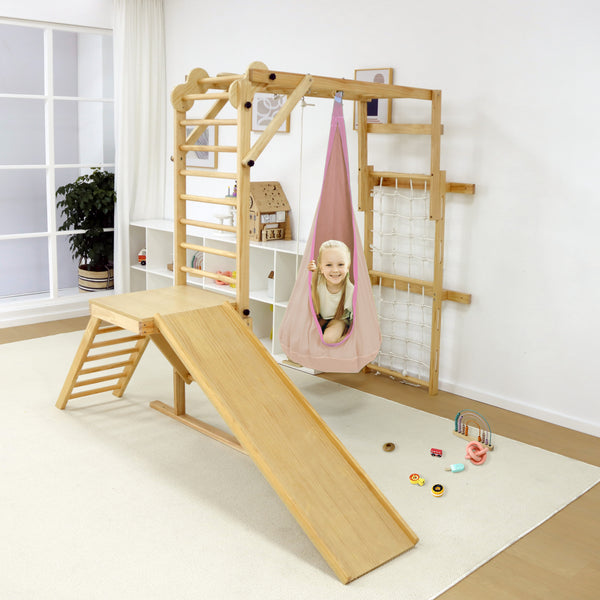 Avenlur Sensory Swing Hammock for indoor climbers in walnut, neem, and betula, shown at angle 9.