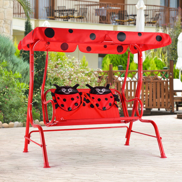 Kids patio swing bench with canopy for two, perfect for outdoor play and relaxation.