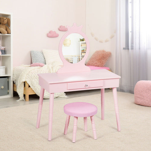 Kids Vanity Makeup Table and Chair Set Make Up Stool - LED Lights