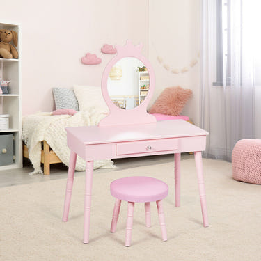 Kids vanity makeup table and chair set with stool, perfect for imaginative play and bedroom decor.