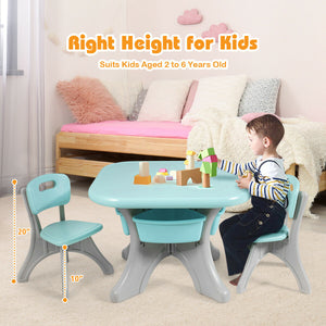 Colorful 3-piece plastic play table and chair set for kids, perfect for indoor and outdoor fun.