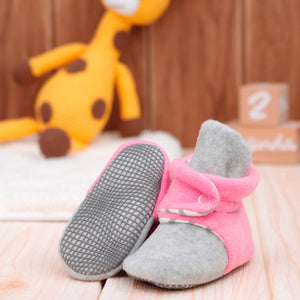 Anti-Slip Sole, Fleece Baby Booties, Newborn Home Booties, Sweat Proof Organic Cotton Lining, Gray Pink