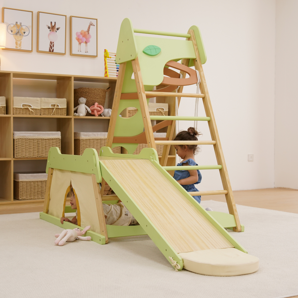 Avenlur Bush 6-in-1 Indoor Wooden Jungle Gym Climber for toddlers with slide, rock wall, and ladder. Montessori playset.