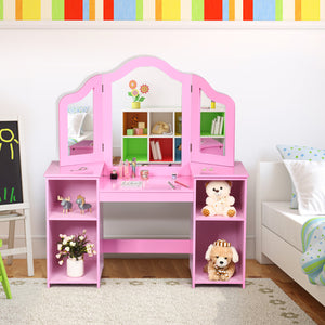 Kids tri-folding mirror makeup vanity table set for stylish dressing and playtime fun.