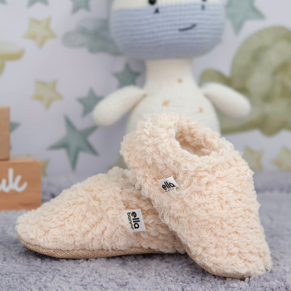 Teddy Baby Booties House Slippers, Non-Slip Sole, Organic Cotton Lining, Home Nursery Shoes, Beige