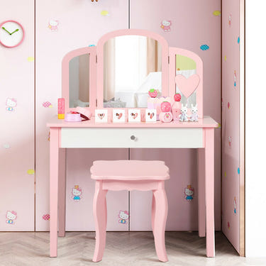 Kids Princess Makeup Dressing Table with Tri-fold Mirror and Chair for imaginative play and bedtime routines.