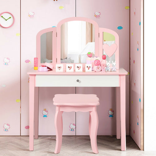 Kids Princess Makeup Dressing Table with Tri-fold Mirror and Chair for imaginative play and bedtime routines.