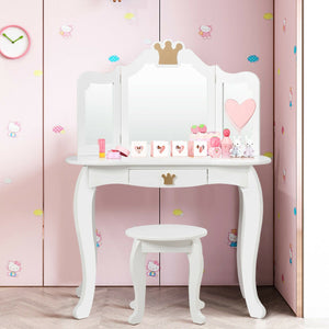 Kids makeup dressing table with tri-fold mirror and stool, perfect for little ones' playtime and creativity.
