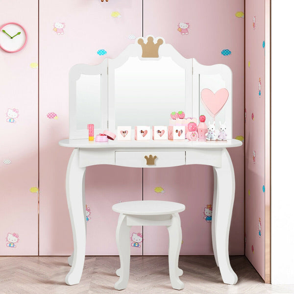 Kids makeup dressing table with tri-fold mirror and stool, perfect for little ones' playtime and creativity.