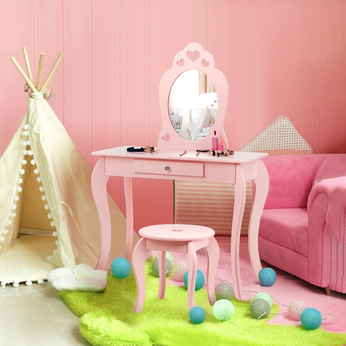 Kids Princess Makeup Dressing Play Table Set with Mirror for imaginative play and sleepover fun.