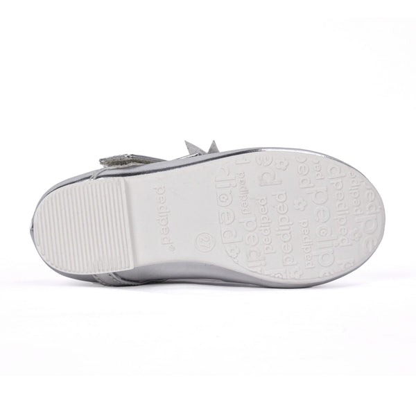 Greta Flex® Silver Mary Janes for babies, stylish and comfortable, shown from angle 4.