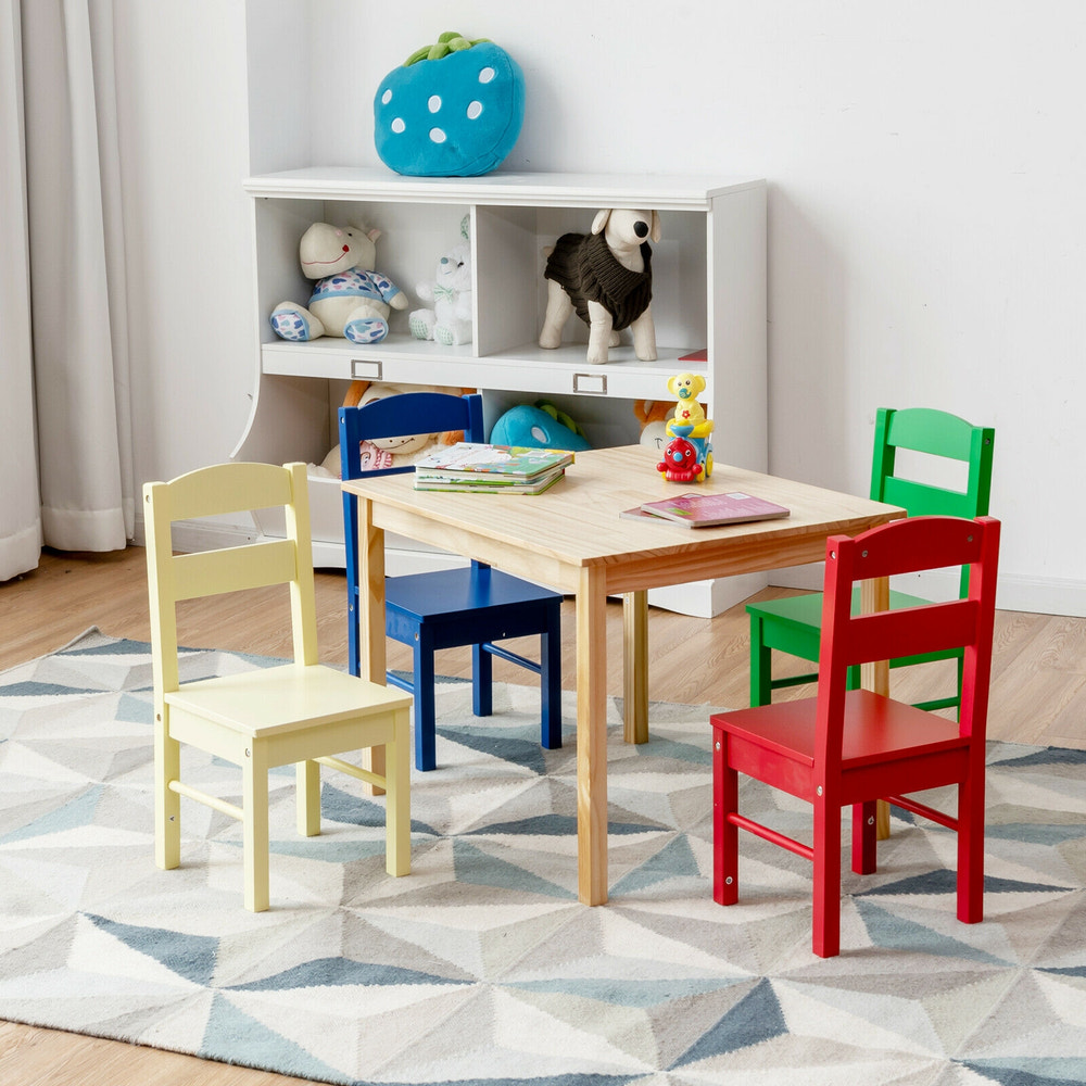 5 pcs Kids Pine Wood Multicolor Table Chair Set for playtime and learning in a vibrant, safe design.