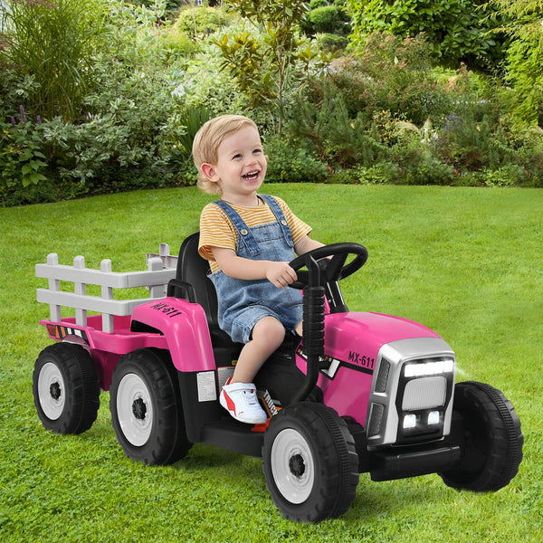 12V ride-on tractor with 3-gear shift and ground loader for kids 3+ years, angled view showcasing fun design.