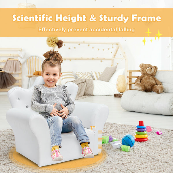 Pink kids sofa with armrests and ottoman, perfect for playrooms and nurseries, shown at a 10-degree angle.