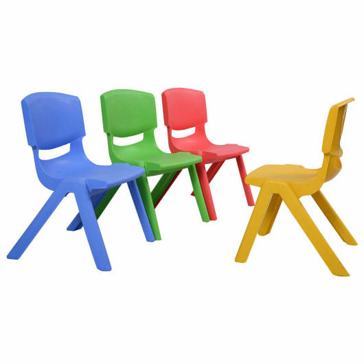 Colorful stackable plastic chairs for kids, perfect for playrooms and nurseries. Set of 4.