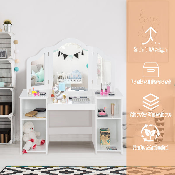 Kids tri-folding mirror makeup vanity table set for stylish playtime and dressing fun.