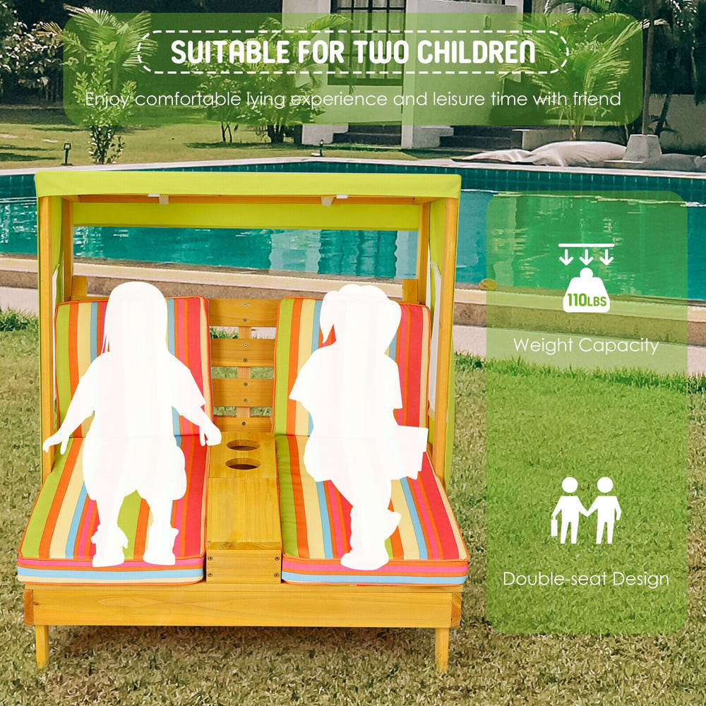Kids patio lounge chair with cup holders and awning for outdoor play, perfect for little ones to relax in the sun.