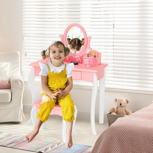 Kids Vanity Princess Makeup Dressing Table Set with Mirror and Stool for imaginative play and stylish dressing.