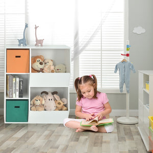 Kids toy storage cabinet shelf organizer in a stylish design, angled view showcasing ample storage space for toys.