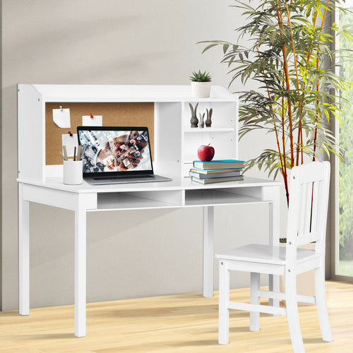 Kids desk and chair set with hutch and bookshelves for study and play, angled view showcasing design and functionality.