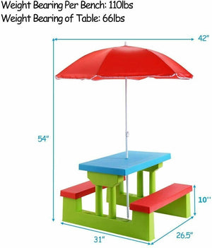 Kids picnic folding table and bench set with umbrella, perfect for outdoor play and family gatherings.