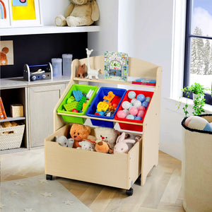Kids wooden toy storage unit with rolling toy box and plastic bins for organized playroom furniture.