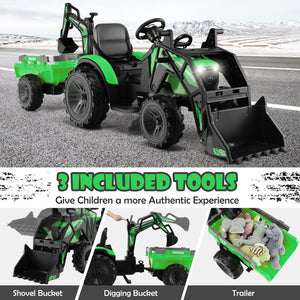 12V 3 in 1 Kids Ride On Excavator with shovel, bucket, and music, perfect for outdoor play and imaginative fun.