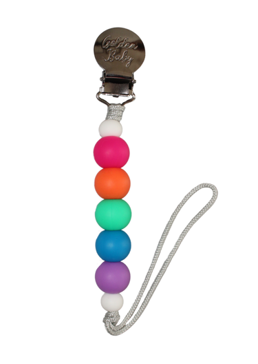 Summer Rainbow Pacifier Clip for babies, colorful and stylish, keeps pacifiers secure and within reach.