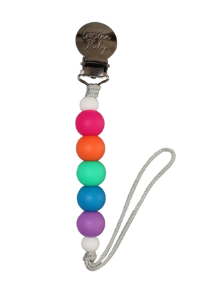 Summer Rainbow Pacifier Clip for babies, colorful and stylish, keeps pacifiers secure and within reach.