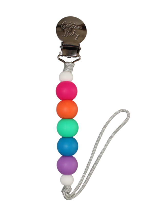 Summer Rainbow Pacifier Clip for babies, colorful and stylish, keeps pacifiers secure and within reach.