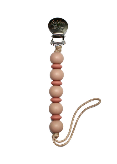 Lauren Clip in Desert Tan & Dusty Rose - Stylish pacifier clip for babies.