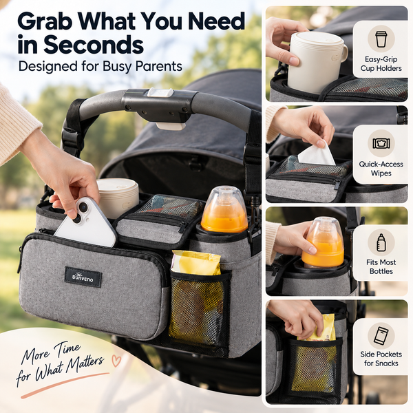 SUNVENO Stroller Organizer Bag with Detachable Parent Pouch, Dual Cup Holders, Adjustable Straps & Removable Shoulder Strap