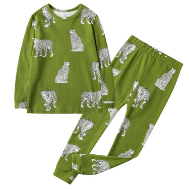100% Organic Cotton Toddler 2 Piece Pajama Set in Green Cheetah - Soft, comfy sleepsuit for kids.